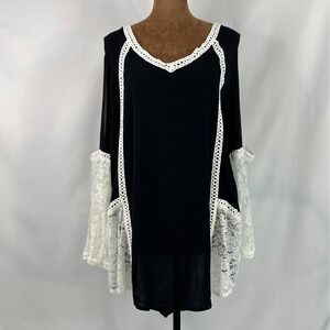Rosegal Tunic Top Womens L Black New Lace Crochet Cold Shoulder Bell Sleeve Goth